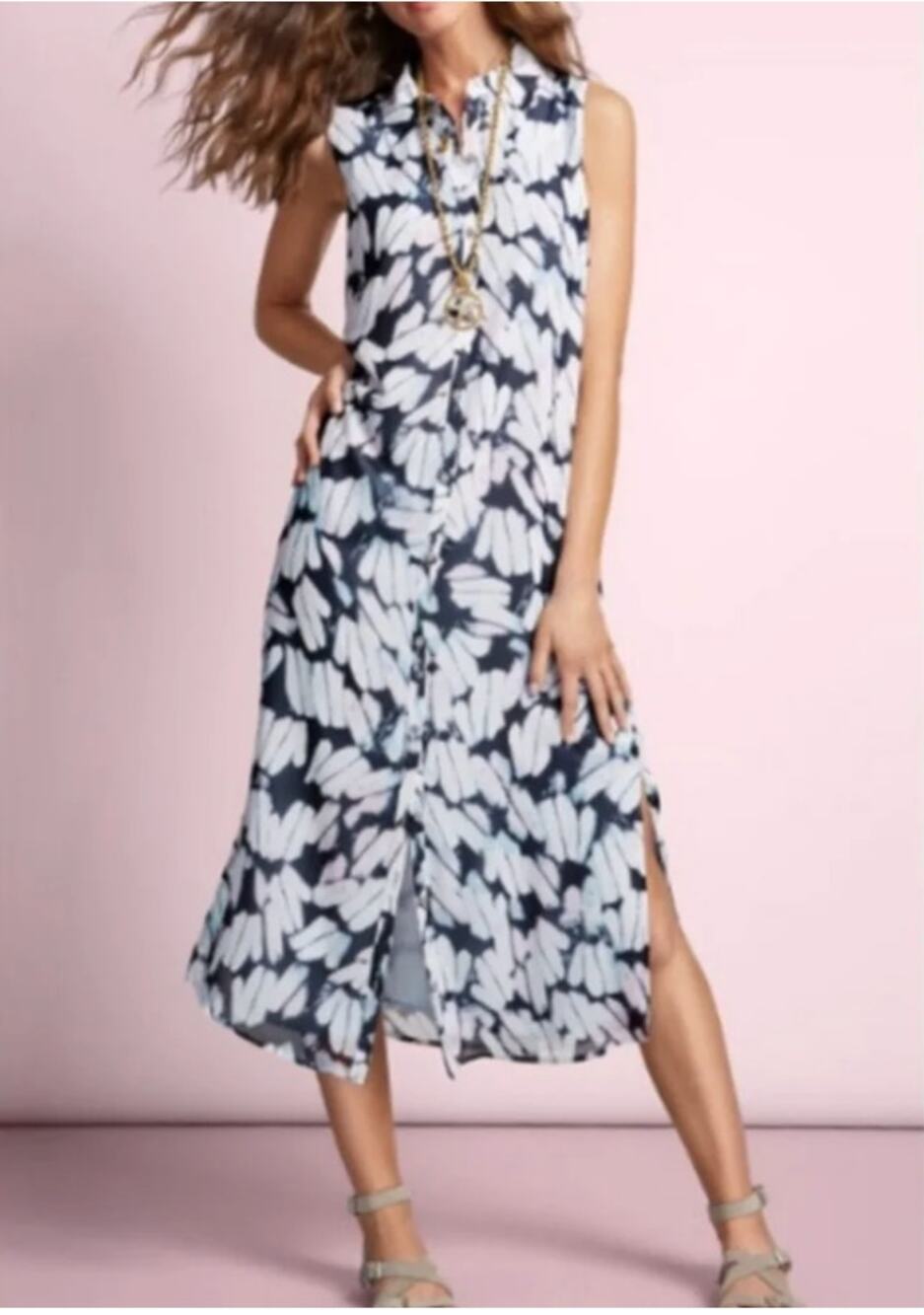 Cabi Cloudy Sky Shirt Dress Style 5382 Blue White Sleeveless Button Front L